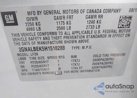 2017 Chevrolet Equinox Ls из США, поврежденный, VIN 2GNALBEK5H1518288